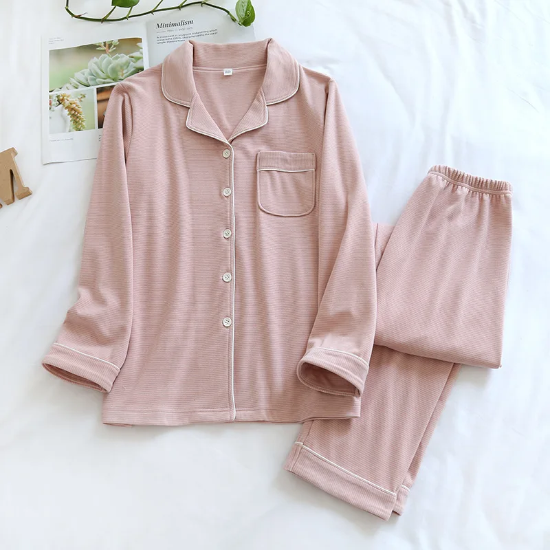 

247 Autumn Sping Women Warm Soft Pajamas Sets Pink Gray Striped Pajama Long Sleeve Pant Pyjamas Sets Men Sleepwear Home Wear