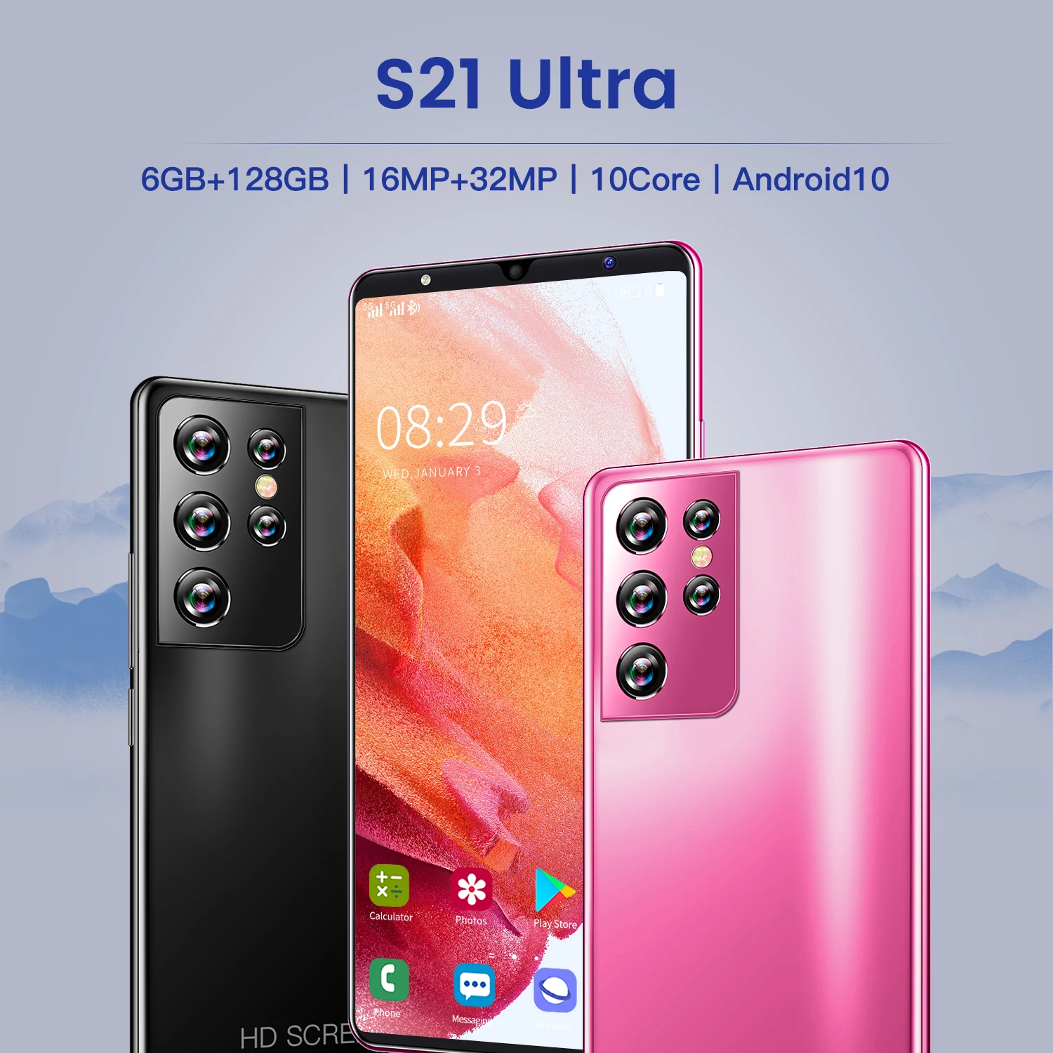 

2021 Hot Global Version S21 Ultra 5.0 Inch Cellphone 6+128GB 5000mAh 10 Core 16+32MP Dual SIM Face Unlock 4G 5G Mobilephone Pink