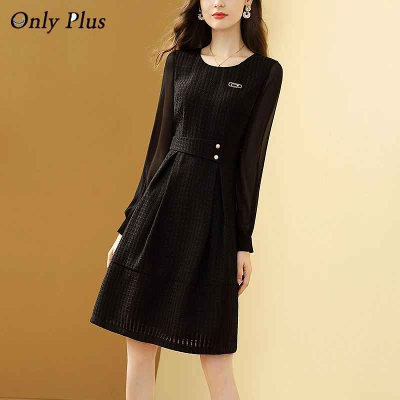

Only Plus Black Plaid Elegant Dress Women Autumn O-neck Long-sleeved A-line Knitted Office Lady Dress All-match Slim Vestidos