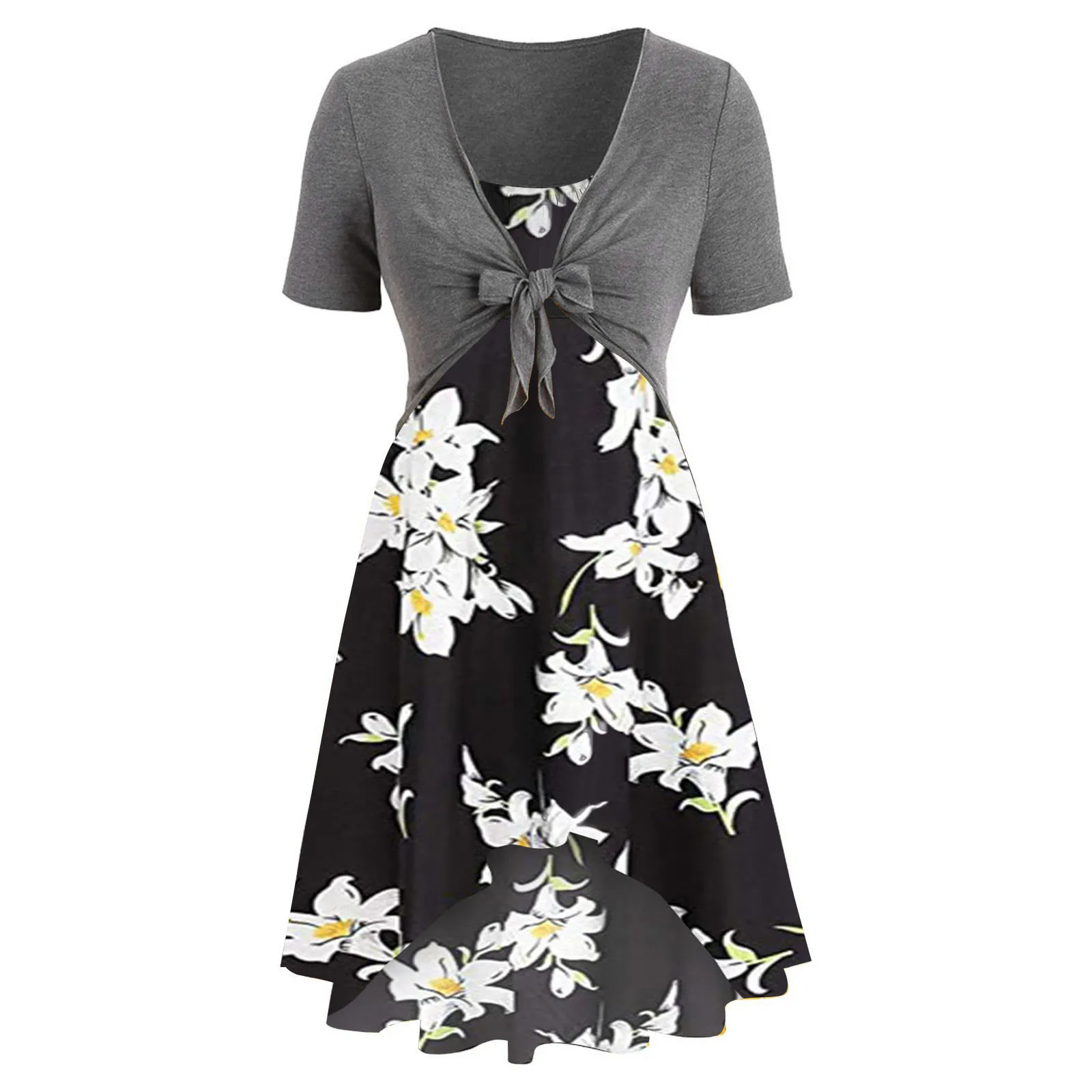 

Women Summer Dress Suit Short Sleeve Bowknot Cardigan Top Floral Print Mini Dress Set 2021 Female Cocktail Party Dresses A30