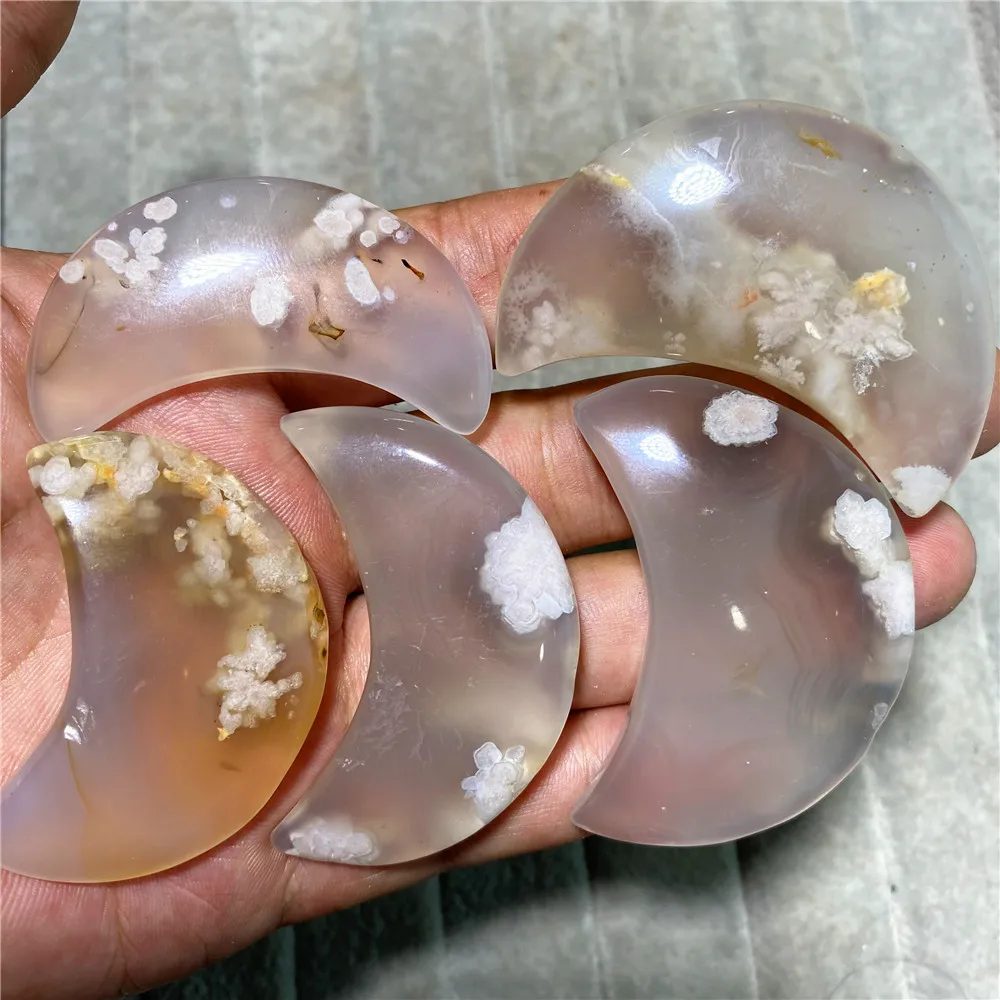

Flower Agate Natural Stone And Crystal Healing Moon Souvenirs Gem Minerals Reiki Statue Ornaments For Home Decoration Room Gifts