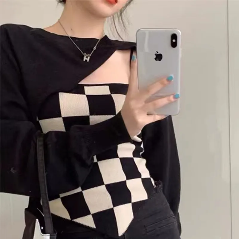 Женская футболка-топ с шахматным узором в Корейском стиле