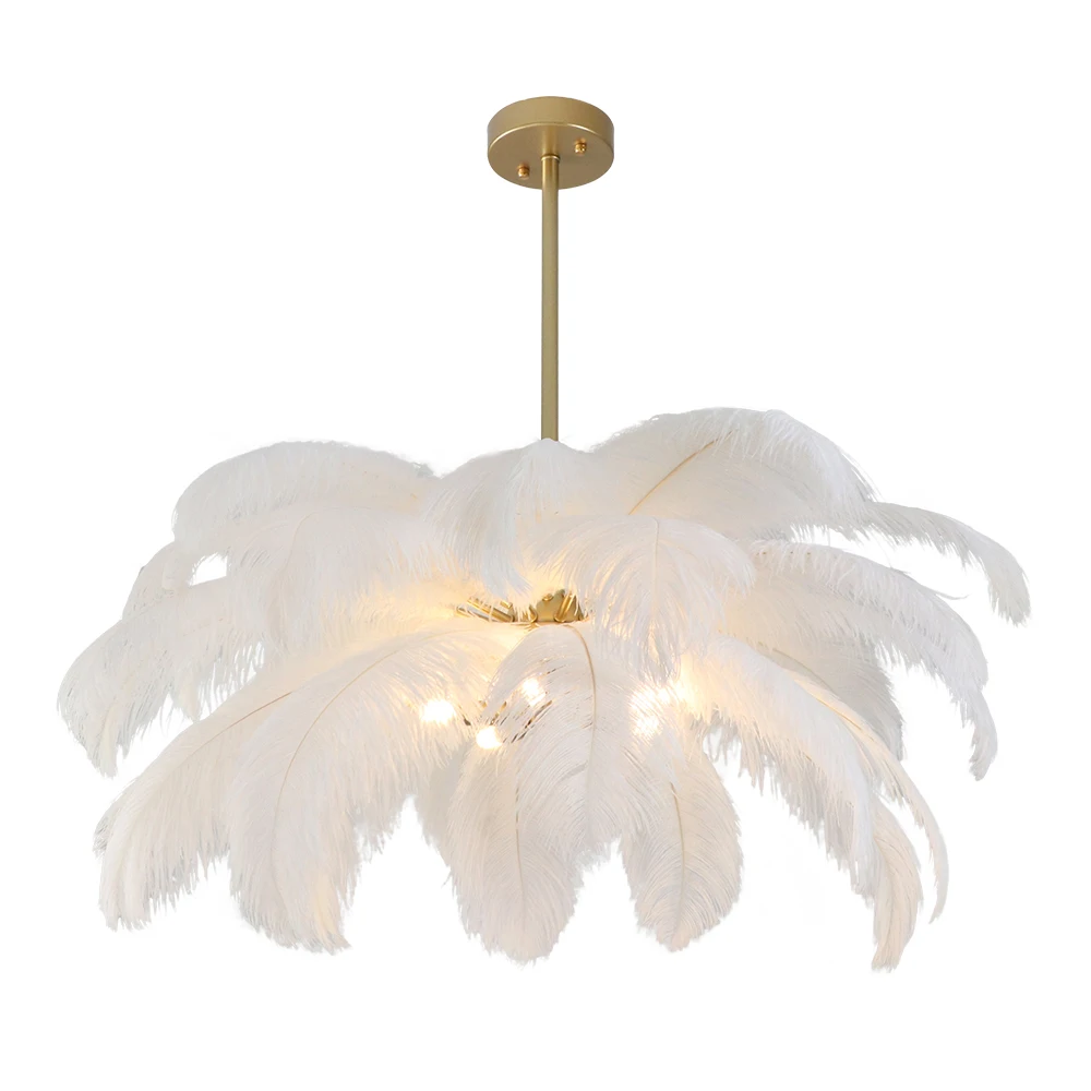 

Modern White Feather Chandelier for the Children's Room Art Design Girl Bedroom Round G9 Copper Hanging Light Fixture