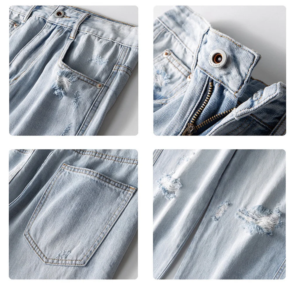 Light-colored 9-point Jeans Men Loose Hole Trend Wild Casual Pants Boys Nine-point Pants Spring Thin Section Denim Jean Ripped