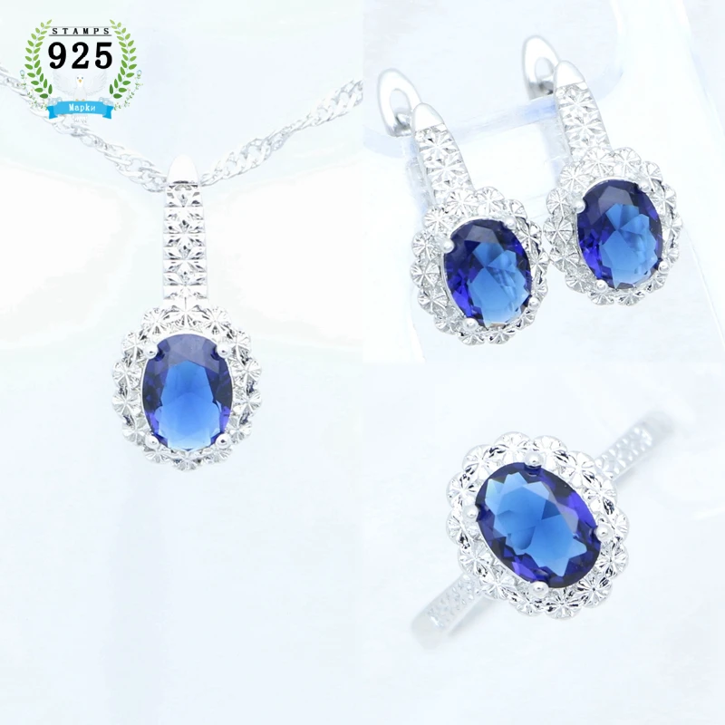 925 Sterling Silver Jewelry Set for Women's Wedding Jewelry Earrings Pendant Open Ring Necklace Sapphire Anniversary Gift