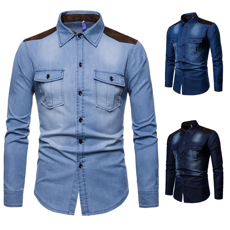 

Fashion Denim Shirt Men Long Sleeve Men Casual Cotton Jeans Shirt Slim Suede Matching Mens Solid Pocket Shirts Tops