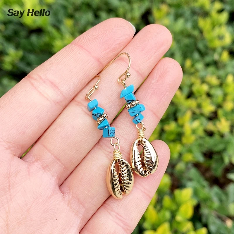 SAY HELLO Boho Marine Shell Handmade Stone Ethnic Turquoises Dangle Earrings Classic Metal Jewelry Gift Women B0407 | Украшения и