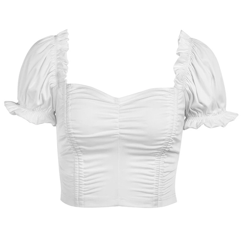 

French Retro Square Collar Puff Sleeve Shirt Top White S & Women's Knitted Stretch Purse Sleeves Short T-Shirt Black S