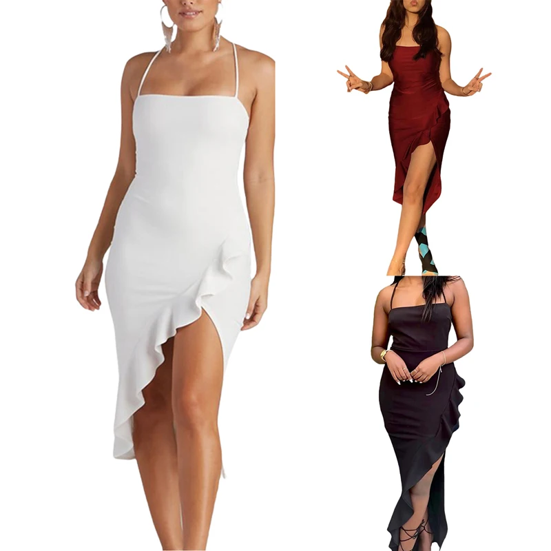 

Женское платье с открытой спиной, высокой талией и оборками на подоле