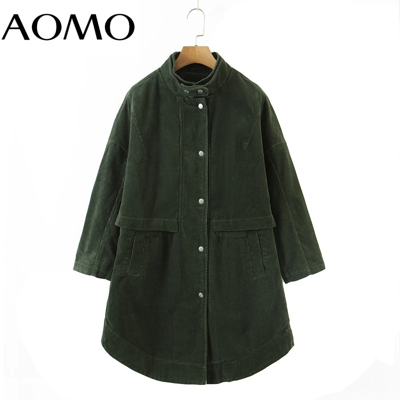 

AOMO Women Gray Thick Corduroy Coats Jacket Loose Long Sleeves Pocket 2021 Ladies Coat 8H126A