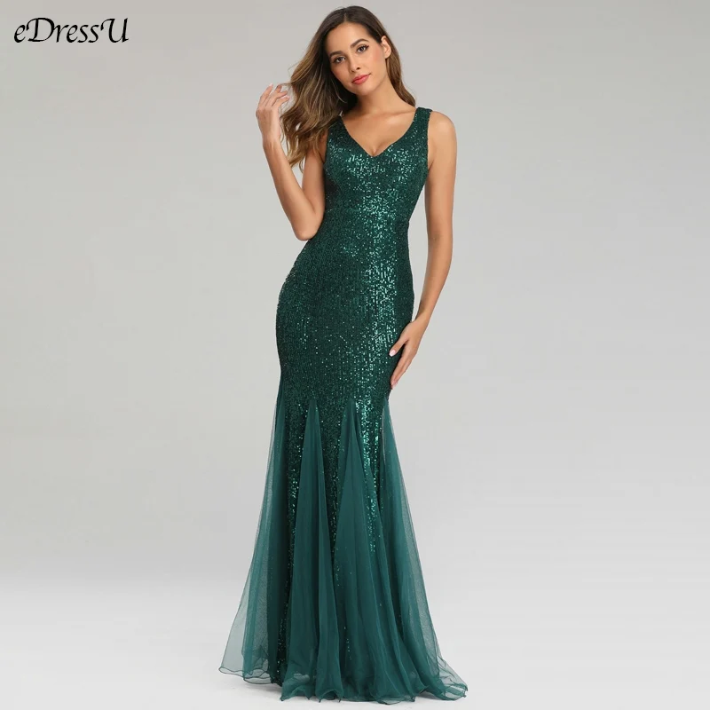

Sexy V-Neck Evening Dress Green Elegant Long Dress Vestido de Fiesta Mermaid Evening Party Dress Formal Prom Dress HJQ-90813