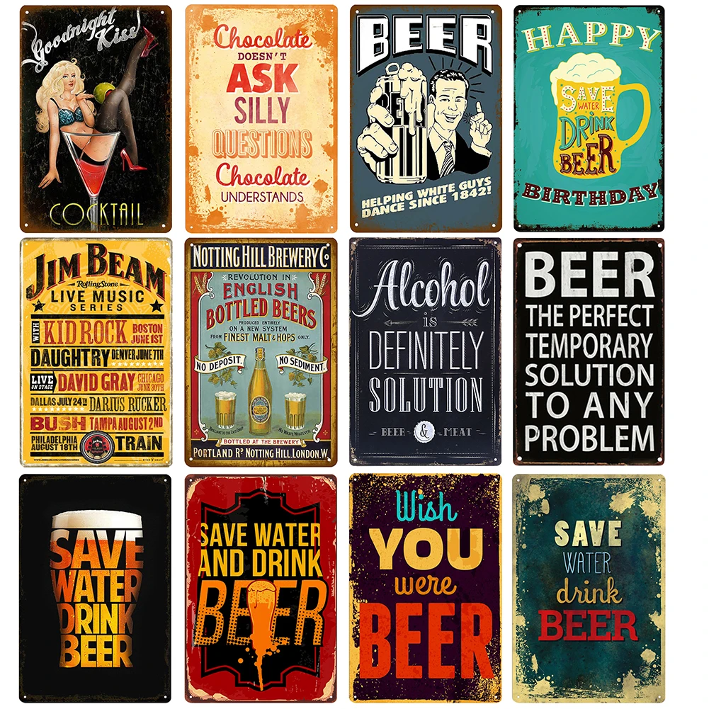 

Vintage Metal Plate Beer Cocktail Gin Alcoolic Drinks Retro Tin Sign Board Metal Plates Home Bar Accessories Wall Decoration