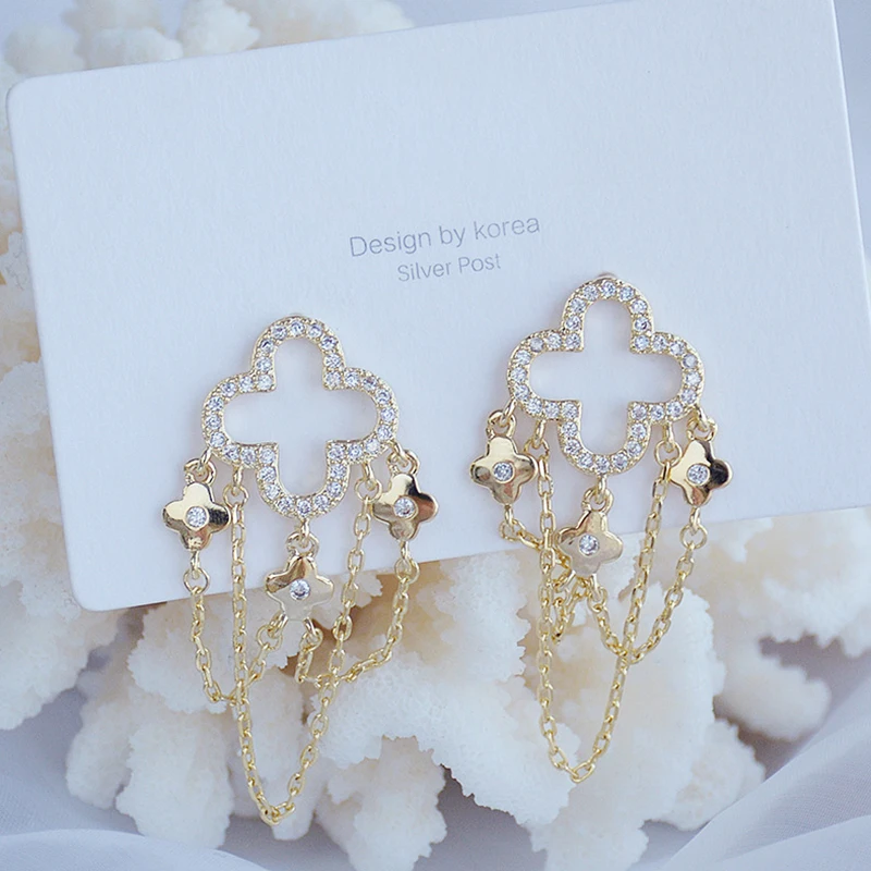 

Trendy Elegant 14K Real Gold Plated Flower Chain Earrings for Women Top AAA Shiny Zirconia S925 Silver Needle Stud Jewelry Gift