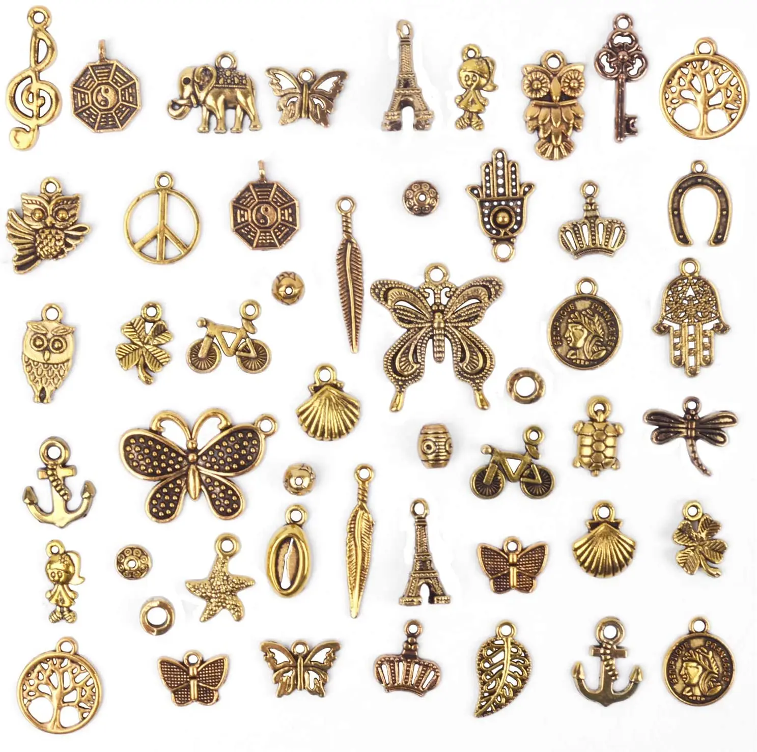 

50 шт. Античные Подвески из золотистого Сплава Смешанные Подвески в виде бабочки короны дерева листьев россыпью для самодельных браслетов у...