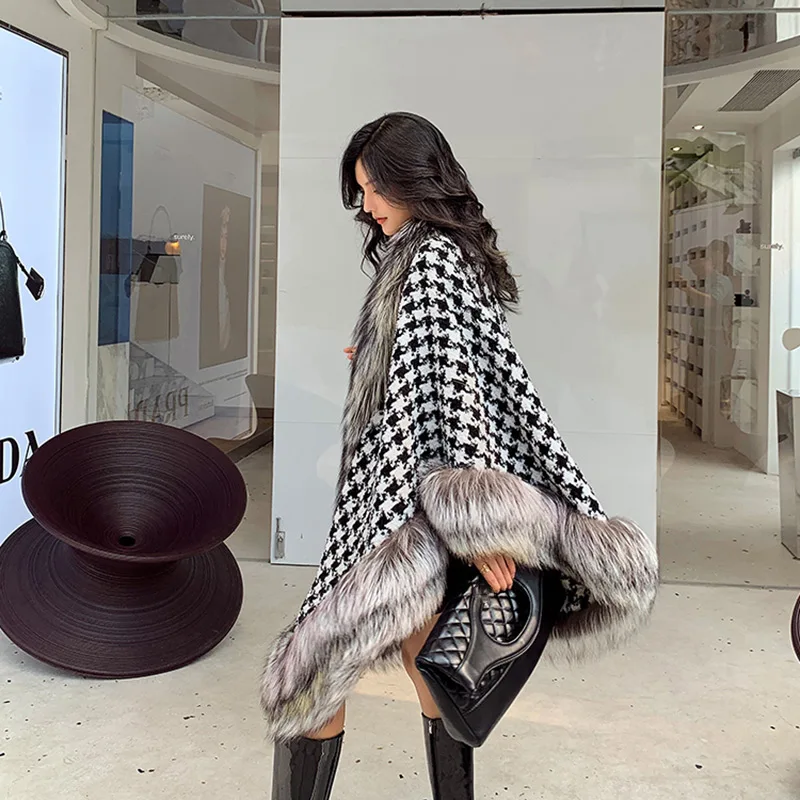 Женское шерстяное пончо теплое пальто с манжетами и воротником-накидкой из