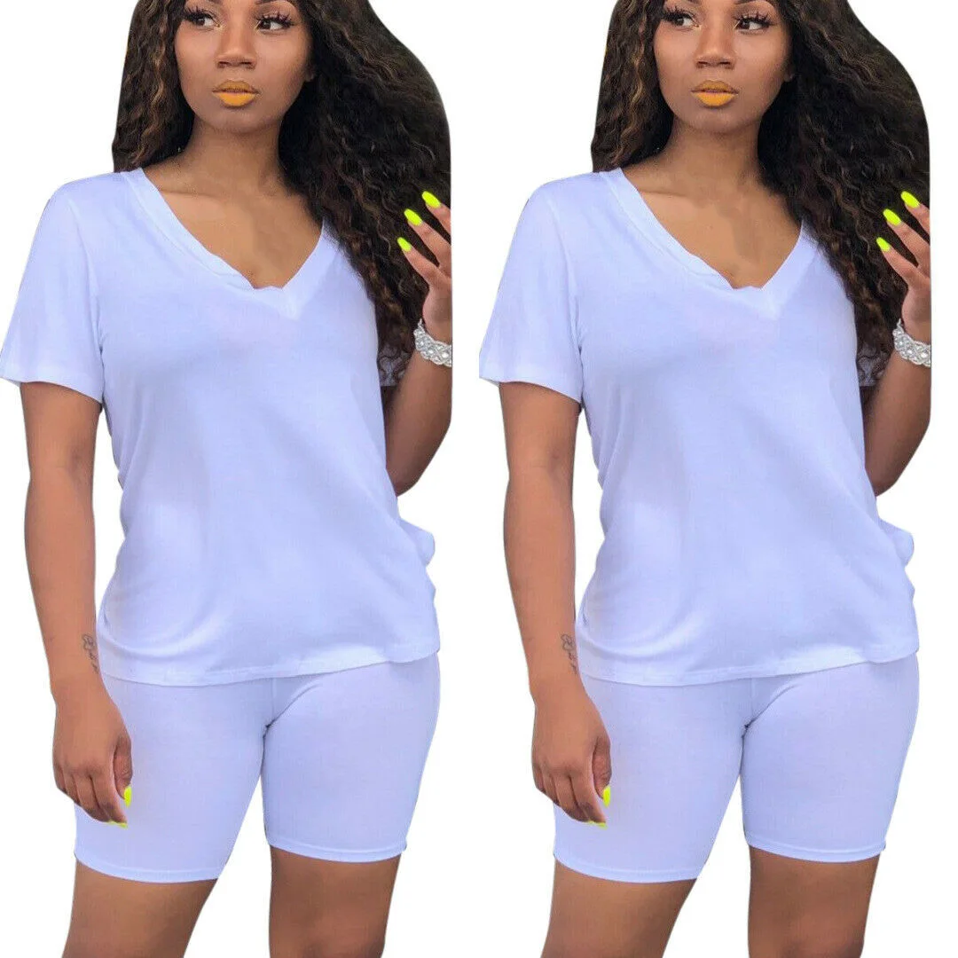 

2020 Summer Women Short Sleeves Solid Color Fashion Casual Bodycon Stretch T-shirt Short Pants Set BMF88