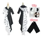 Костюм для косплея Cruella De Vil из фильма 101 далматинцев, женское платье для девочек, модная одежда черного и белого цвета с париком для хэллоуивечерние