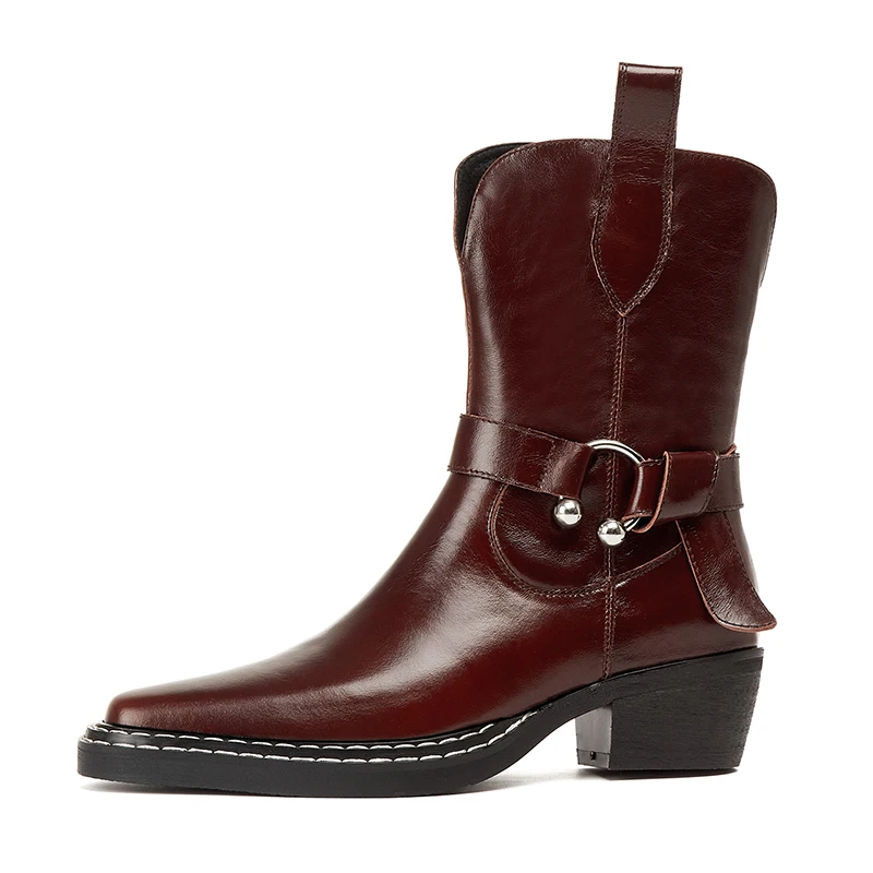 Beli Dovereiss Sepatu Bot Tumit Chunky Kulit Asli Ritsleting Burgundy Baru Elegan Coklat Warna Murni Seksi Baru Musim Dingin Fashion 41 42