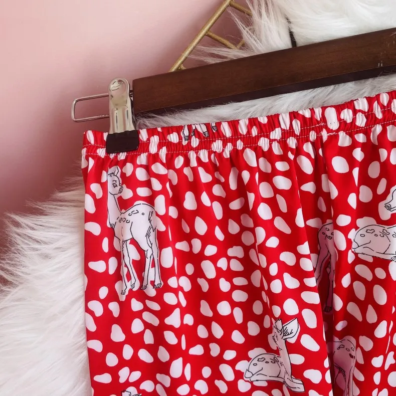 

Fawn Printed Pijamas Suit Women Satin Pajamas Set Long Sleeve 2PCS Sleepwear Casual Shirt&Pants Elastic Waist Loungewear