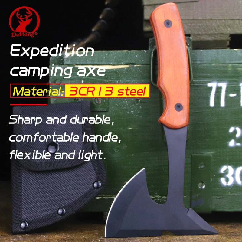 

Multi-purpose 3CR13 stainless steel outdoor tactical axe car camping anti-skill axe high quality color wood handle garden axe