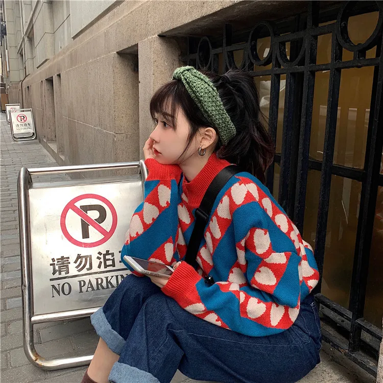 Casual Loose High Collar Love Sweater Women's Sweaters Japanese Kawaii Ulzzang Female Korean Harajuku Clothing For Women | Женская