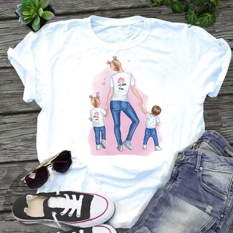 

Женская Акварельная Милая графика семейная Любовь Мама мультяшный принт с коротким рукавом кавайная женская одежда искусственная футболк...