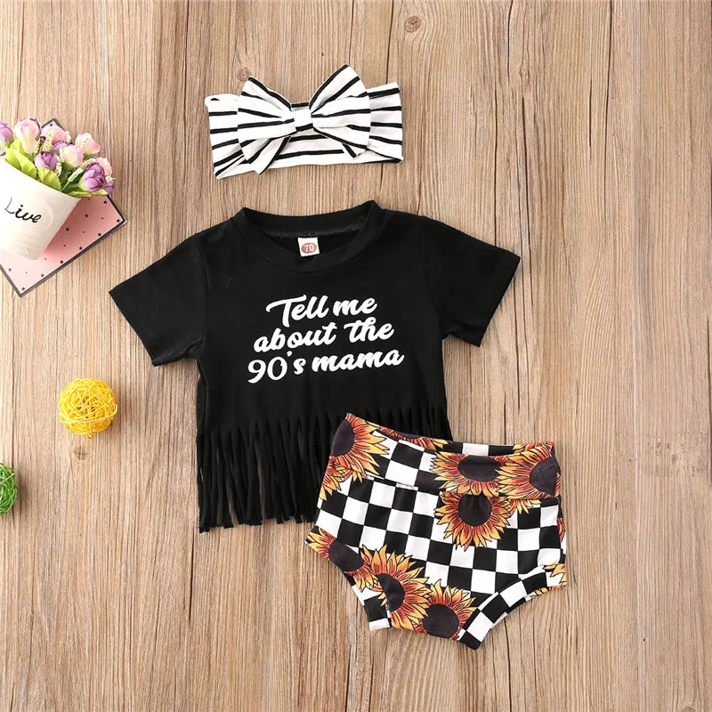 

0-24M Newborn Baby Girls Cotton Clothes Sets Letter Print Short Sleeve Tassel T Shirts Tops+Sunflower Shorts Striped Headband