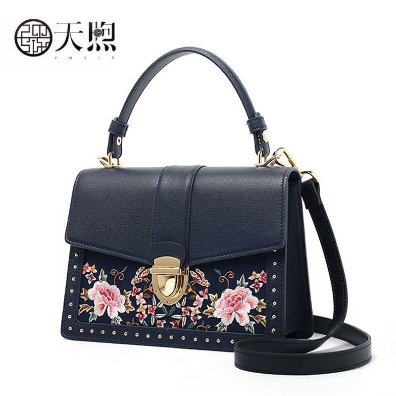 Pmsix новинка 2020 женская сумка из натуральной кожи ручная вышивка роскошные сумки