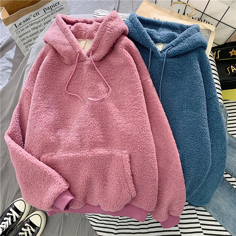 

Loose Long Sleeve Hoodies Thick Warm Coat Velvet Cashmere Women Hoody Sweatshirt Solid Blue Pullover Casual Tops Lady