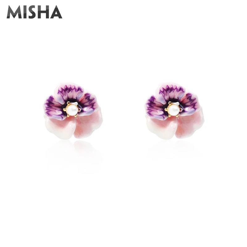 MISHA Stud Earrings For Women Handmade Enamel Pansy Flower Charms Jewelry For Women Girls Party Wedding Birthday Gifts 2028