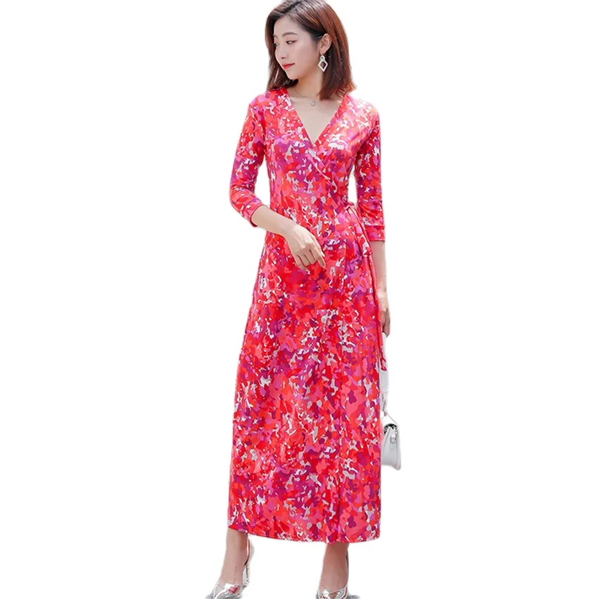 Женский сексуальный v образный вырез Красное длинное платье в винтажном стиле