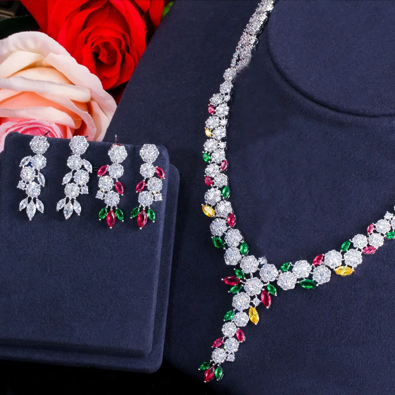 Женский Свадебный комплект из колье и серёг с разноцветным фианитом|Ювелирные
