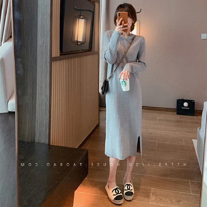 

One Piece Knitted Dress Feminine Clothes Autumn Winter Hooded Mid-Length Waist Temperament Base Sweater Dress For Women 2021 Y2k