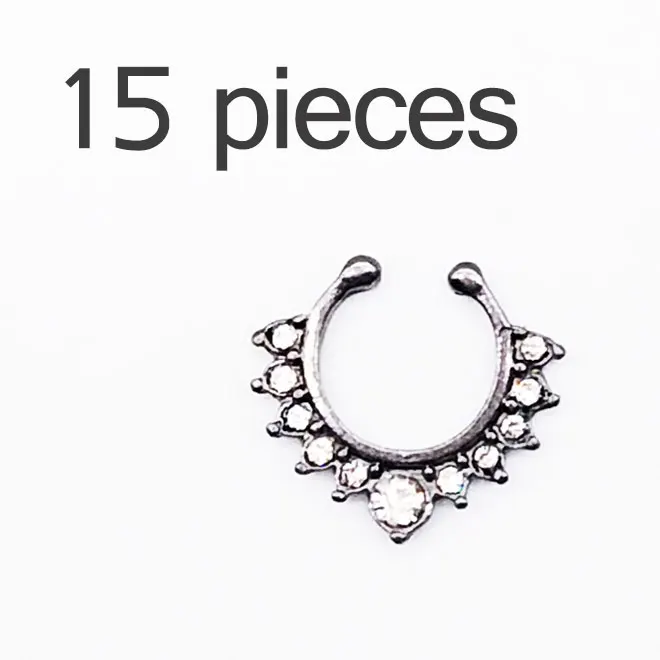 A01 15pcs Панк 15 шт./компл. фальшивый нос кольцо Для женщин Круглый с украшением в виде кристаллов для пирсинга перегородки носа пирсинг кликер искусственная зажим не тело обруч для Для женщин Готическая драгоценность - Окраска металла: A01 15pcs