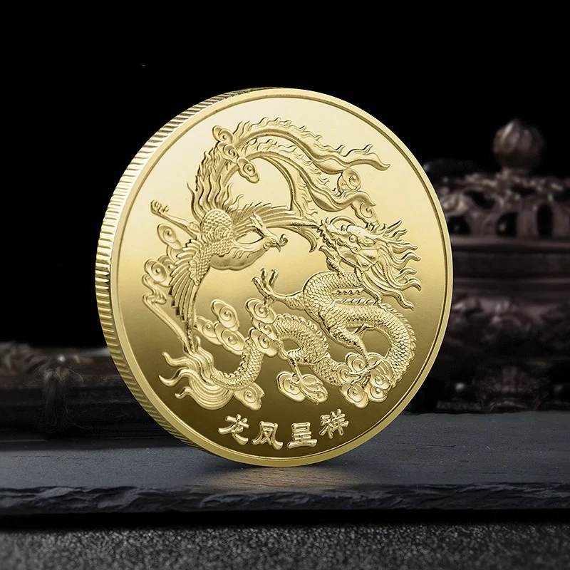 

Chinese Style Auspicious Culture Dragon and Phoenix Auspicious Relief Commemorative Coins Gold Coins Fu Word Gifts Crafts