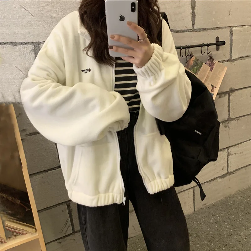 

More add wool fleece female qiu dong han edition loose languid is lazy student wind polar fleece zipper cardigan sweatshirt