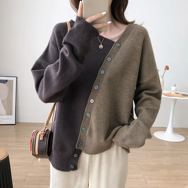 

Women Knitted Sweater Loose Pullovers Casual Diagonal Collar Long Sleeve Harajuku Irregular Splicing Streetwear Knitted Sweater