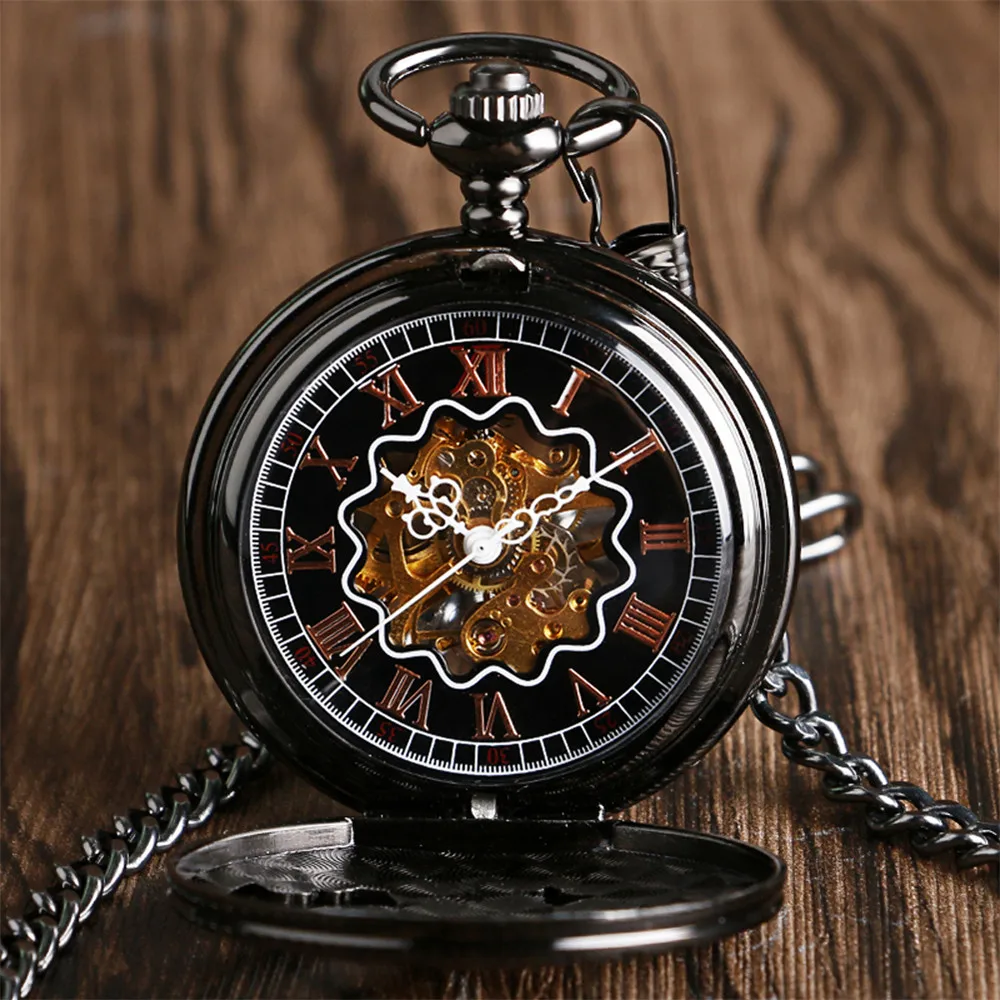 Exquisite Hollow Flower Birds Manual Mechanical Pocket Watch Vintage Black Pocket Chain Antique Pocket Timepiece Gifts Male