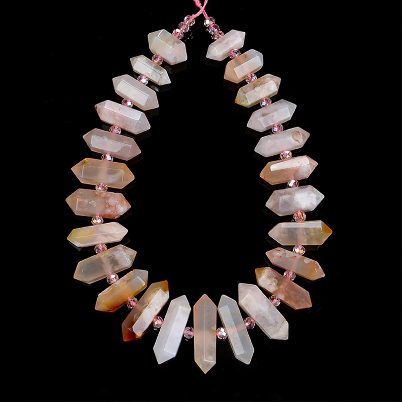 

Sakura Agate Natural Rock Crystal Quartz Point Beads Strand Rough Clear Quartz Pointed Pendant Beads for Necklace Earrings