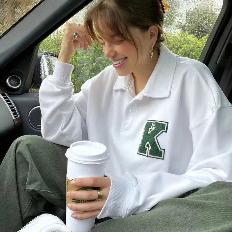 

Letter Embroidery Women White Long Sleeve Sweatshirt Turndown Collar Pullovers Loose Oversized Casual 2022 New Autumn Winter