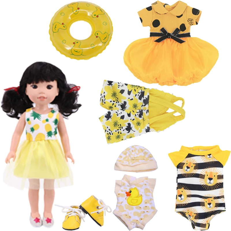 

Doll Clothes Dresses & Swimsuits &Shoes & Swimming Ring Yellow suits For 14 Inch Dolls Generation Girl's Birthday Toys Gifts