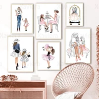 fashion wall art mother and daughter girls cartoon figure canvas painting nordic pink posters and prints home decoration mural