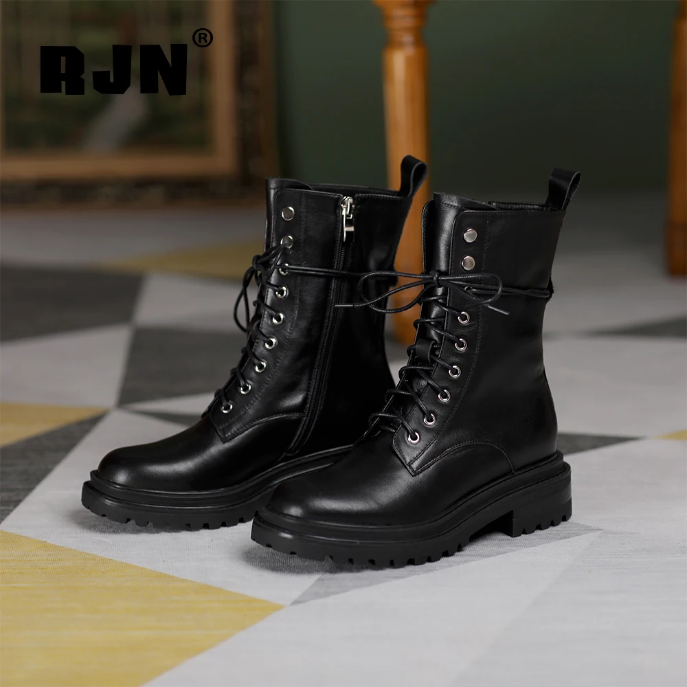 

RJN New Casual Ankle Boots High Quality Cow Leather Round Toe Lace-up Zipper Women Shoes Comfortable Anti-skid Boots Basic RO311