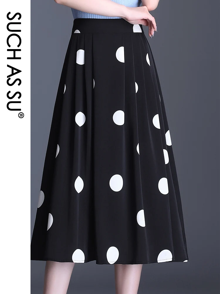 

SUCH AS SU Spring Summer Waist Pleated Big Swing Skirt Black Dot A Line Skirt Mid-Long Pleated All-match Women Skirts Female