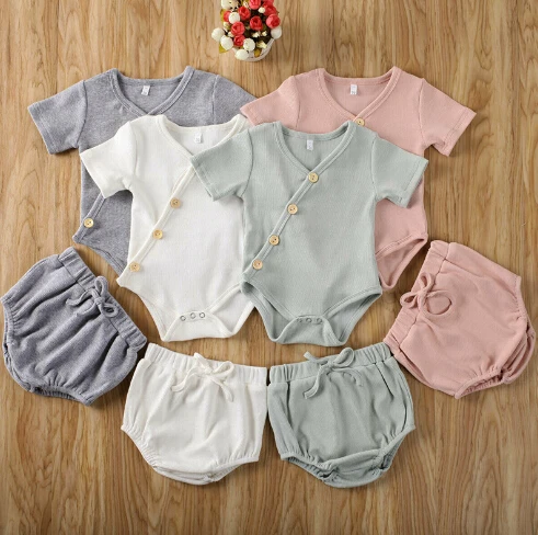 2020 Summer Baby Boys Girls Suits Cotton Knitted Ribbed Kids Outfits Children Clothing Newborn Rompers Tops + Shorts Pants 0-18M | Детская