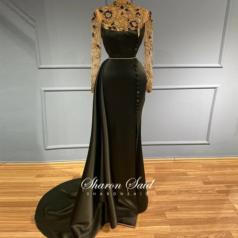 Olive Green Mermaid Arabic Evening Dress Long Sleeve 2022 Luxury Crystal Dubai Prom Formal Dresses for Women Wedding Party Gowns | Свадьбы и