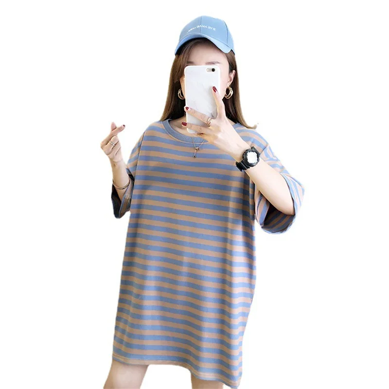 

2021 Summer New Striped T-Shirt Female Korean Fashion Casual Short-Sleeved Loose Large Sze Medium And Long A008