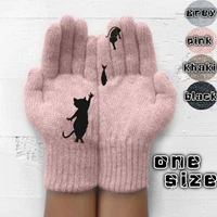 womens wool gloves autumn and winter outdoor warm and cold resistant thickened kitten and fish printed gloves
