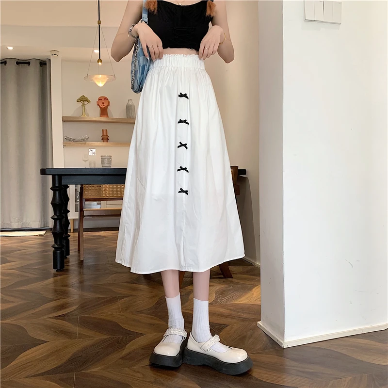 

2021 Summer New High Waist Slim Simple White Bow Fairy Skirt Casual Loose Temperament Women A-line Long Skirt Tide Free Shipping