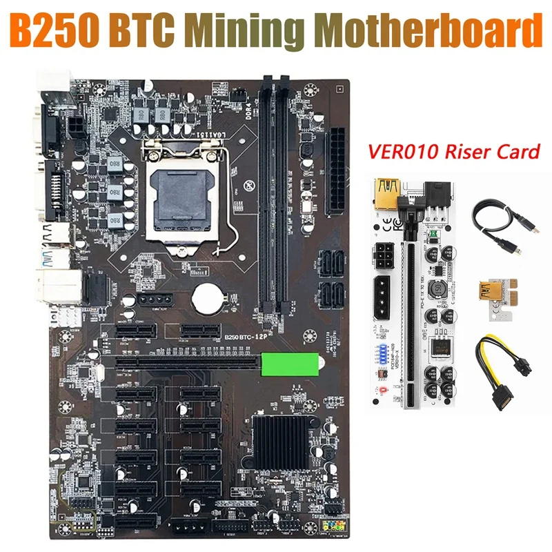 

NEW-B250 BTC Mining Motherboard with VER010 Riser Card 12XGraphics Card Slot LGA 1151 DDR4 USB3.0 Low Power for BTC Miner